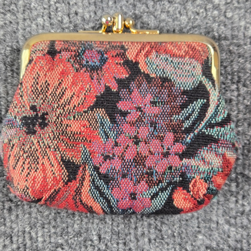 Unbranded vintage‎ Coin Purse Red  Floral Tapestry Double Kiss Lock